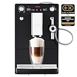 Melitta Solo & Perfect Milk Noire, Machine à Café à Grains avec Broyeur et Système d'Extraction des Arômes, Mode 1 à 2 Tasses, Auto Cappuccinatore, Affichage LED, E957-201, 1400W